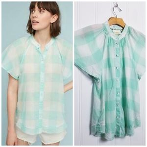 Anthropologie Maeve Mint Gingham Flutter Sleeve Blouse S Plaid Button Front Top